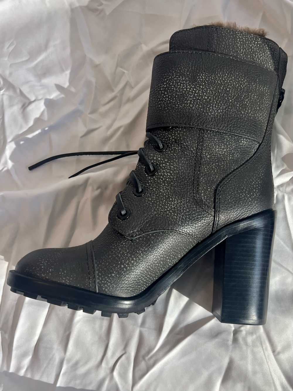 Tory Burch Broome Shearling Combat Boots - Distressed Grey Leather - Size 7